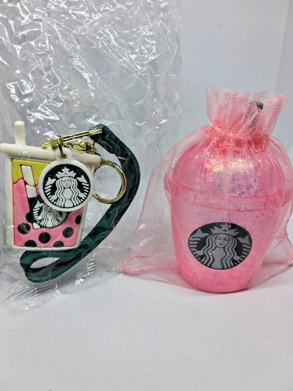 Starbucks Pink and Yellow Boba Cup Keychain With Glitter Pink Drink Squishy